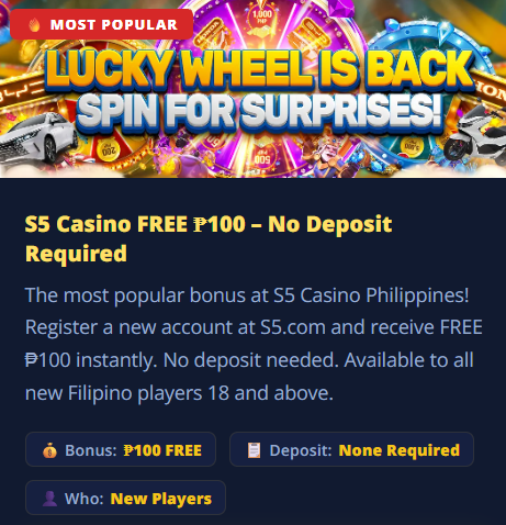 S5 Casino free ₱100 no-deposit Lucky Wheel bonus